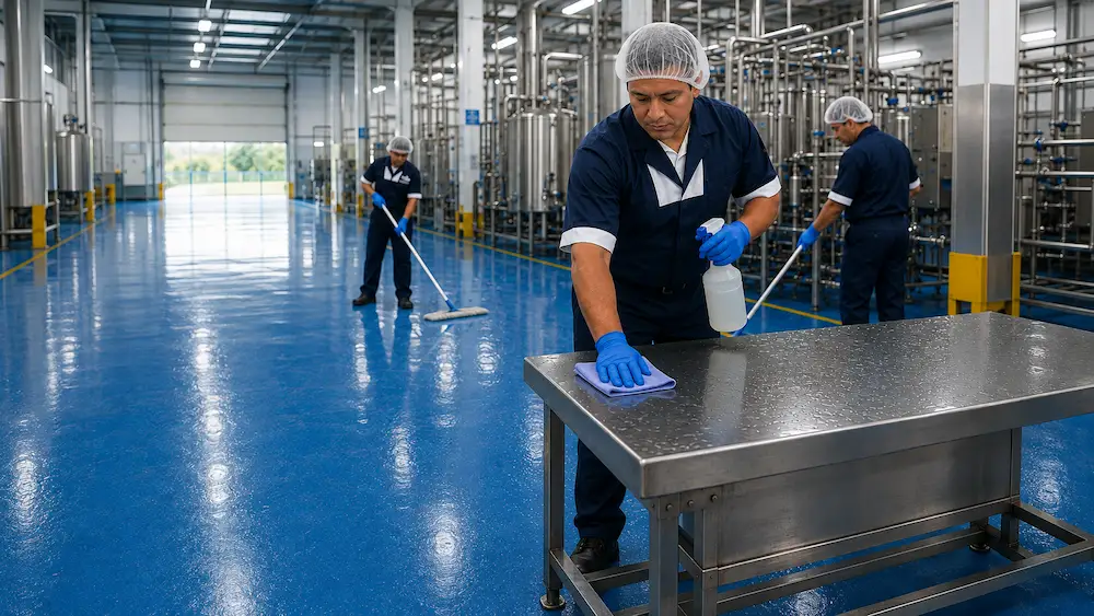 Operarios de Serviclean limpiando el piso y las superficies de una planta de alimentos